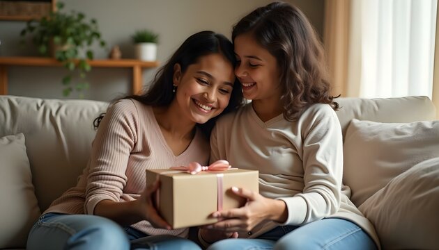 D&iacute;a de la madre, ni&ntilde;a latina dando regalo y abrazando a su mam&aacute; en casa