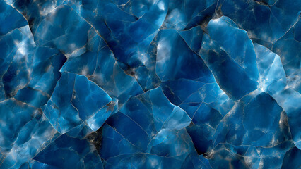 Obraz premium Blue marble background with cracked transparent textures and dark blue tones. Overlapping blue agate gemstones and silver accents create a refined design for interior decoration or wallpaper.