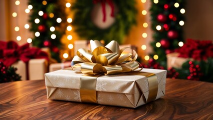 Festively wrapped gift box with golden ribbon in front of Christmas decorations