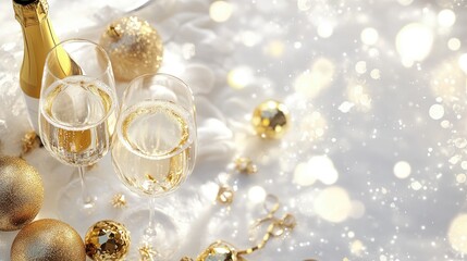 New Year's Eve champagne glasses filled with bright festive holiday lights