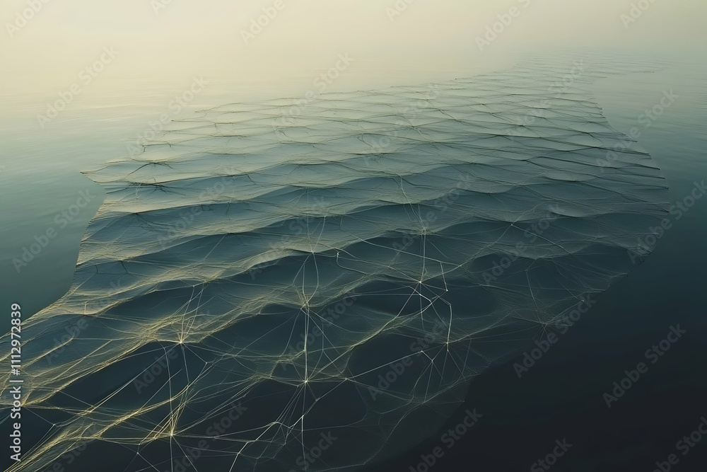 Poster abstract image of a network overlaying a tranquil body of water, suggesting connection and flow.
