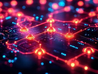 Fototapeta premium Close-up view of a red circuit board with blue and green elements, showcasing electronic components like capacitors, resistors, pads, traces, intricate patterns Image highlights complex arrangement