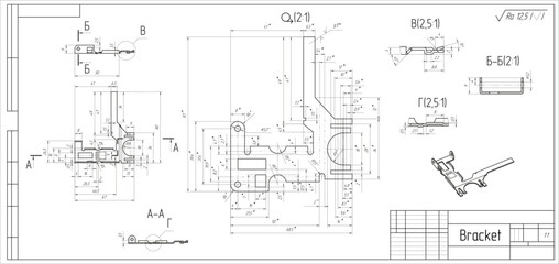 Assembly drawing of bracket with cross section.
Vector design of steel mechanical device with dimension lines.
Engineering technic cad scheme on white
paper sheet. Hand drawn machine part sketch.
