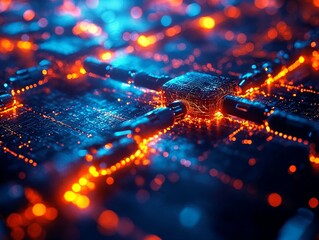 Obraz premium Close-up photograph of an electronic component, possibly a semiconductor or integrated circuitry The image showcases intricate patterns of transistors and other components, with orange and blue glow