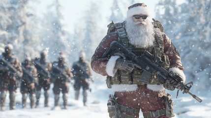 Intense Santa Commando: Leader of Elf Mission in Snowy Forest - A Photorealistic Winter Fantasy Illustration