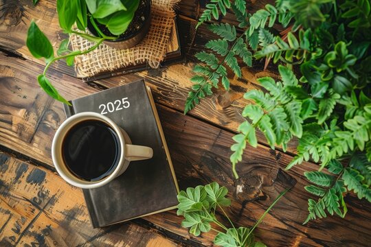 New Year goals notebook and coffee cup on rustic wooden table for 2025. Generative AI