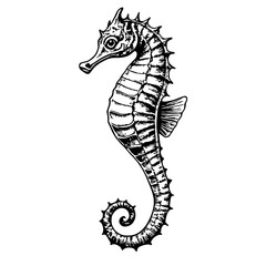 Fototapeta premium Black and white seahorse illustration in detailed sketch style