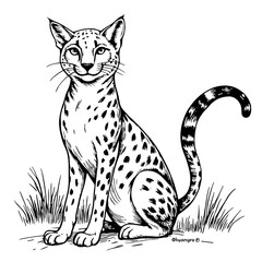 Obraz premium Spotted wild cat sitting in grass, black and white illustration