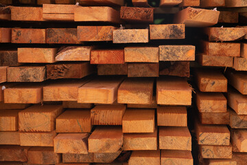 Detail wooden planks. Air-drying timber stack. Wood air drying . seasoning lumber or wood seasoning