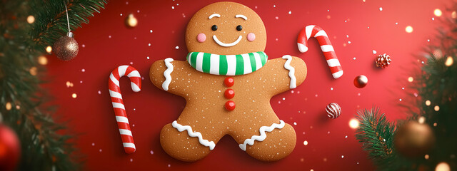 Naklejka premium Charming gingerbread man brings festive cheer with candy canes and a cozy scarf in a delightful holiday scene