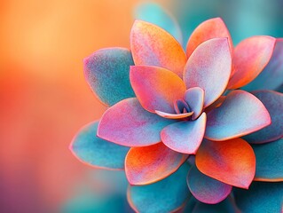 Close-up image of a vibrant succulent plant with contrasting leaf colors blues, purples, oranges, reds The central part appears as the main body, surrounded by radiating leaves Background is blur