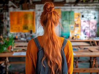 Obraz premium A person with red hair stands in an art studio, wearing a yellow shirt, black pants, and a gray backpack Surrounded by creative items on a table and colorful paintings on the walls, they are about t