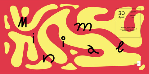 Artistic abstract banner template with flowing organic patterns. Colorful Y2K style bubbly shapes and drops blend with sleek typography and contemporary minimalist waves for exhibition design