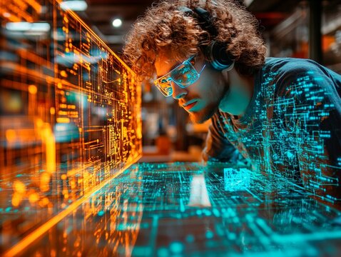 Photo of a person using advanced technology, possibly virtual reality or augmented reality Indoor setting resembling a workshop laboratory environment Image may be staged for promotional purposes,