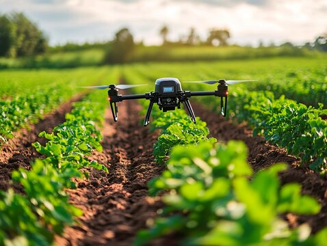 Image shows an unmanned aerial vehicle drone over crops, possibly used for data collection like crop health monitoring or precision agriculture The scene takes place on flat terrain with rolling h