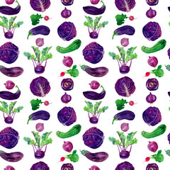 Watercolor purple vegetables with leaves in seamless pattern. Red onion, radish, eggplant, kohlrabi, red cabbage in natural style on background. Design for tablecloth, covers, packaging, textile.