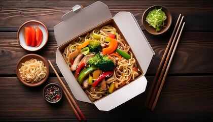 Delicious take out box filled with steaming noodles, tender pork, and vibrant mixed vegetables. Generative AI