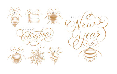 Christmas tree toys icons collection set with lettering new year drawing in linear swirl style on beige background