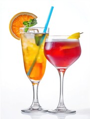 Two cocktails presented in tall glasses. One cocktail orange-yellow color, deep red color. Ice cubes, fruit garnishes part of cocktails presentation. Glasses elegant stems. Isolated drink photo shows