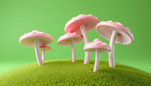 pink rotating mushrooms 3d render on green isolated with white highlights, png