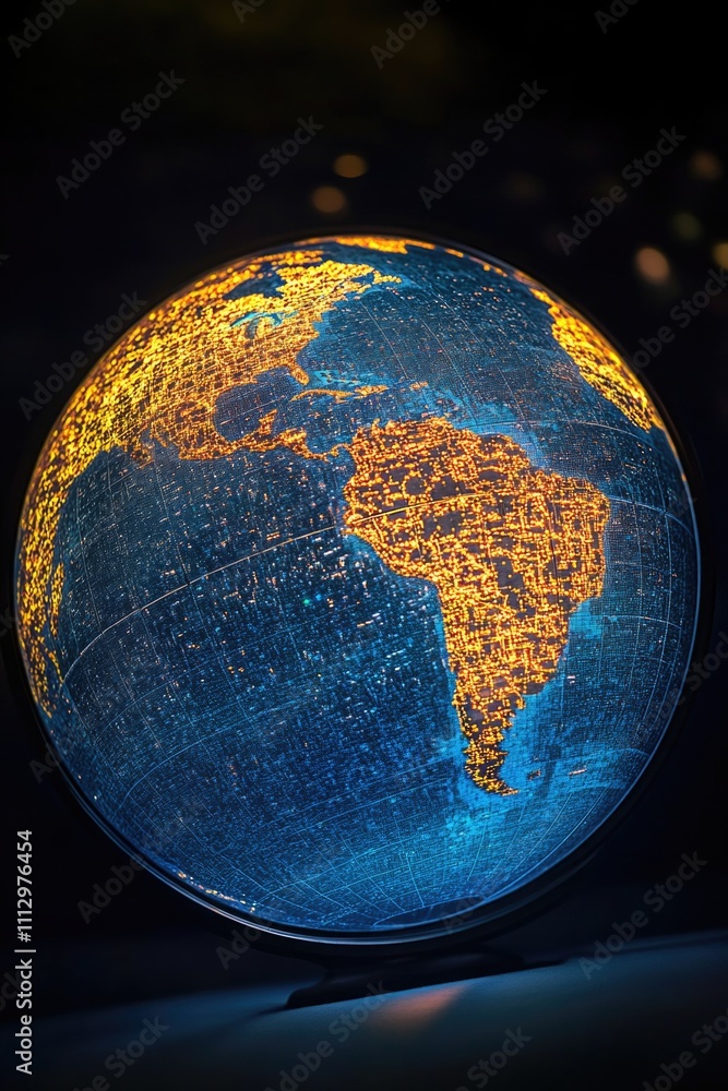 Poster a close-up view of a globe on a table surface, highlighting the details of the map and surrounding e