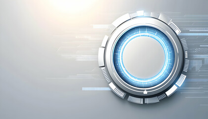 Futuristic technology interface design; abstract circular digital element with glowing blue accents on a gray background. Perfect for tech websites, presentations, and digital backgrounds.