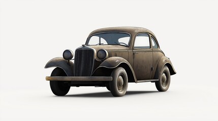 Vintage car isolated on white background. Old rusty car model. Classic style. Retro car. Details visible. Car design. Automotive history. Vehicle. Transportation. Transportation history. Retro style.