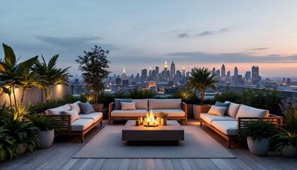 Fototapeta premium A modern rooftop terrace with cozy seating, plants, and a city skyline backdrop, perfect for relaxation.
