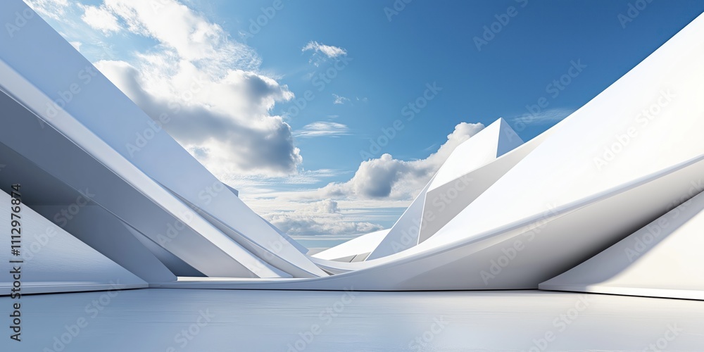 Poster surreal white architectural landscape with geometric shapes. futuristic design against blue sky, clo