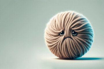 A ball of thread with a sad face. Space for text.