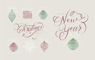 Christmas tree toys icons collection set with lettering new year drawing in linear swirl style with color on beige background