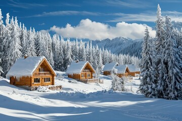 Naklejka premium Scenic view a winter destination, featuring cozy cabins and snow-covered landscapes ideal for travelers