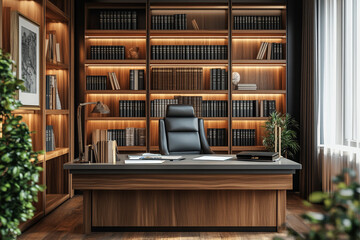 notary office, wooden table and chairs, nobody in room.,interior office,generative AI