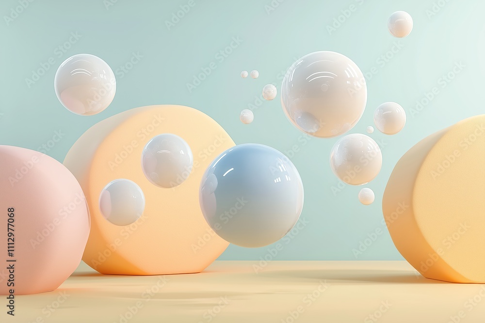 Aufkleber Pastel colored spheres, round shapes float in air against pastel background. Abstract 3D render. Soft colors create calm, airy scene. Floating objects suggest motion, lightness. Stylish design for