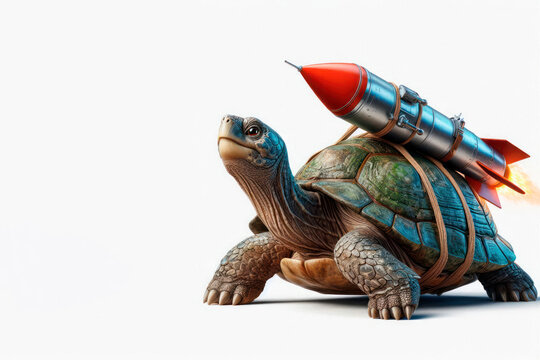 A turtle with a rocket on its shell. Space for text.