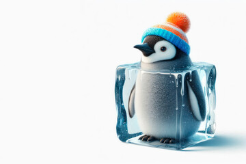 Fototapeta premium Penguin in an ice cube. Space for text.