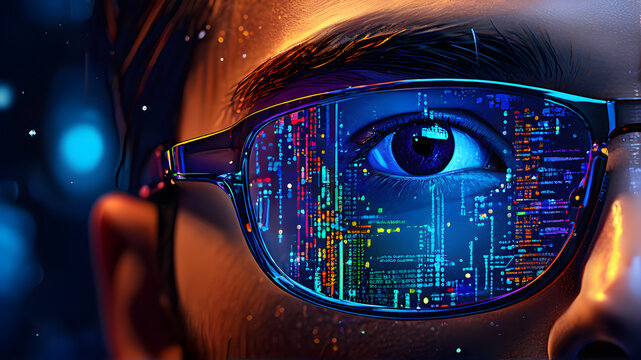 Computer coding reflection on programmer glasses Cyber Information Data Software Hacker Encryption Security Technology illustration