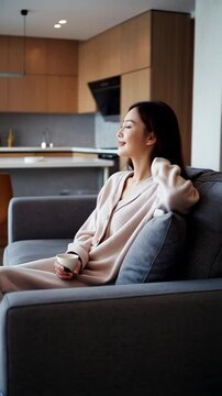 Relaxed asian woman in soft loungewear enjoying a peaceful moment with a cup of coffee in a cozy modern living room