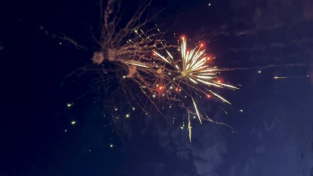 Vertical video of colorful fireworks on dark night sky