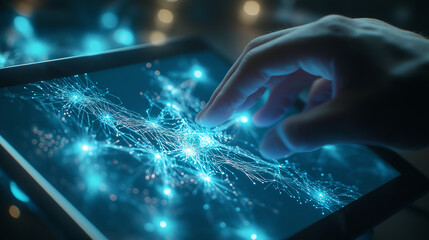 The person taps on the tablet screen, selecting a bright blue icon to initiate the neural network creation process, as a web of connected nodes begins to form, expanding in real-ti