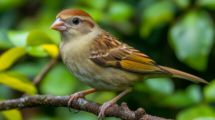 A small, vibrant bird sits on a branch surrounded by green foliage, showcasing its striking colors and intricate patterns in a natural setting