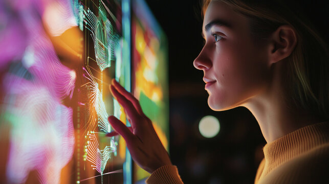 From a side angle, the camera captures the personâs focused expression as they tap through options on the tablet, selecting parameters to structure a deep neural network that begin