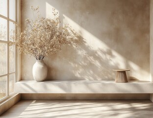 Sunlit minimalist room with beige wall, window, vase of dried flowers, and wooden stool on a ledge.