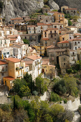 The picturesque village of Castelmezzano on the scenic rocks of the of the Apennines Dolomiti Lucane, Basilicata, Italy