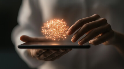 From a close side view, the person uses their fingertip to add new data clusters to the neural network displayed on the tablet, with the connections between nodes lighting up as th