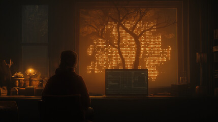 The camera focuses on the screen where the person is adding dropout layers to the neural network, with certain nodes dimming as others remain brightly connected, dynamically alteri