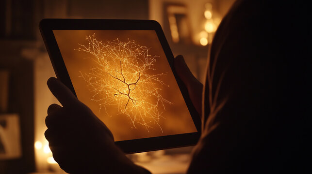 The person holds the tablet at a slight angle, with a glowing neural network visualization on the screen, lines of connections and nodes pulsating softly as they swipe through the