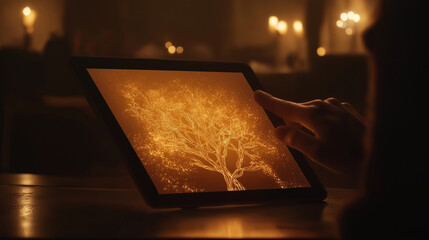 The camera focuses on a side view, showing the person tilting the tablet slightly as the neural network on the screen reorganizes itself in real time, with glowing pathways and nod