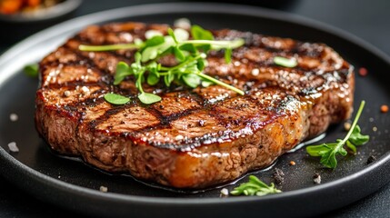 A perfectly grilled steak garnished with fresh greens on a black plate.
