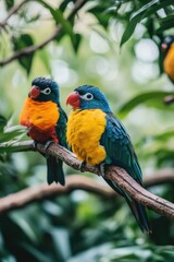 Two birds sitting on a tree branch with bright plumage